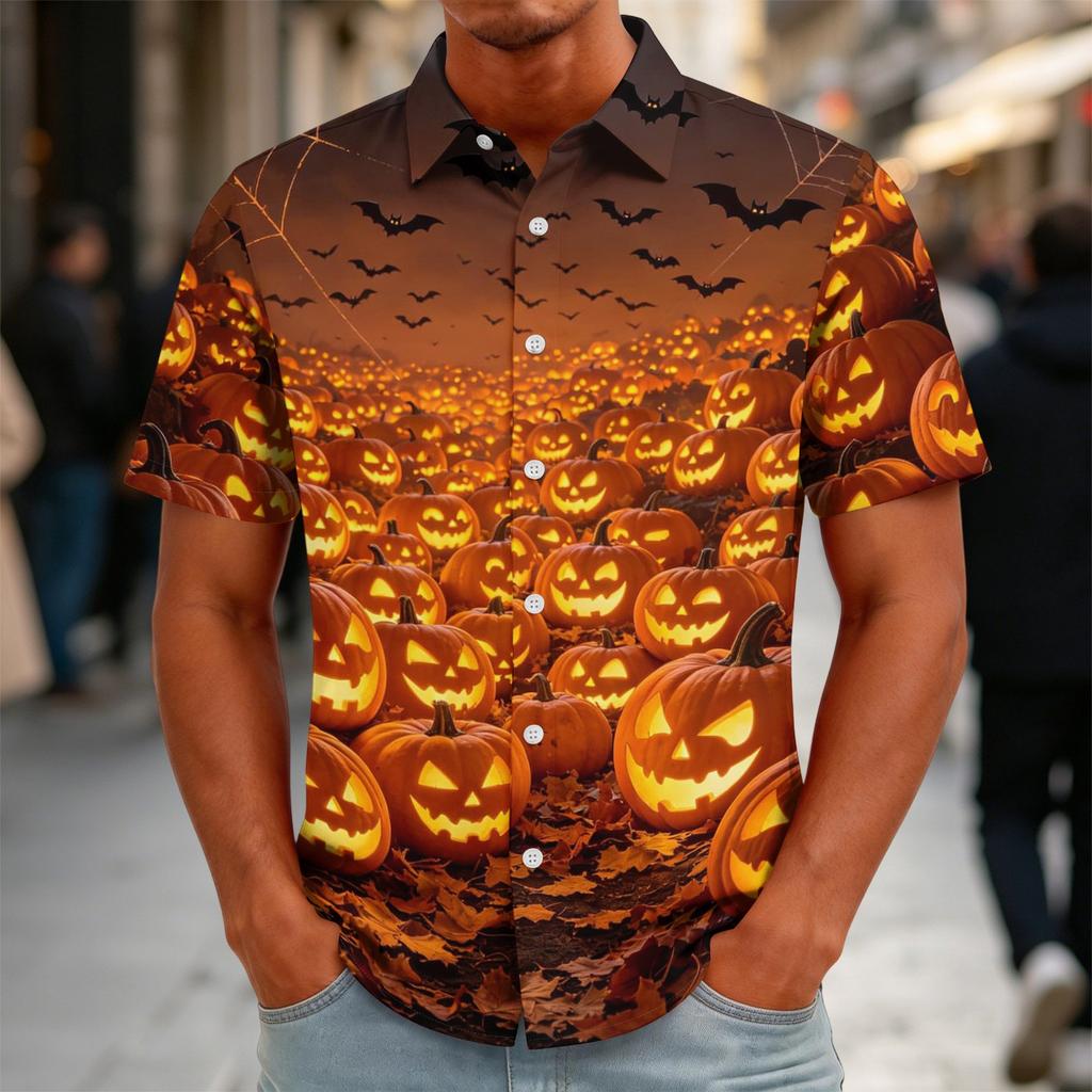 Men's Halloween Print Vintage Button Down Cardigan Shirt - Loose Fit Breathable Summer Casual Streetwear Top