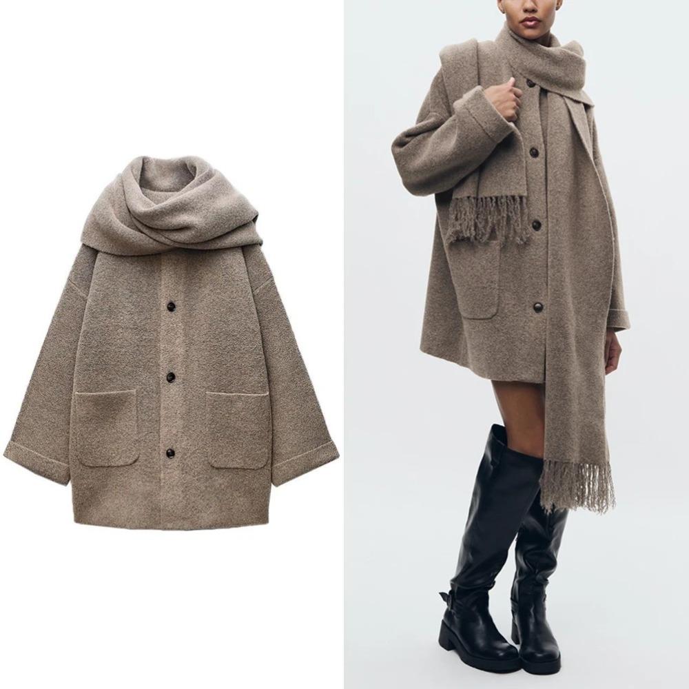 Women's Knitted Cardigan with Scarf Slim Casual Jacket Long Sleeve Patchwork Pocket Jacket Elegant Office Women's Sweater