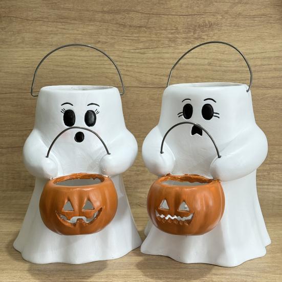 Ghost Bucket Candy Holder Lighted Halloween Treat Bucket Ghost Holding Light-up Pumpkin Lantern Bucket for Party Favors Trick or Treat