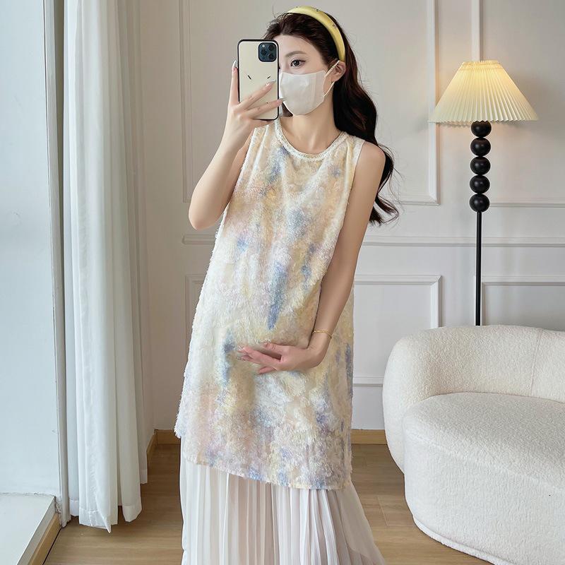 Maternity Wear 2026: French Tie-Dye 3D Embossed Vest Dress with Accordion Pleats Large
