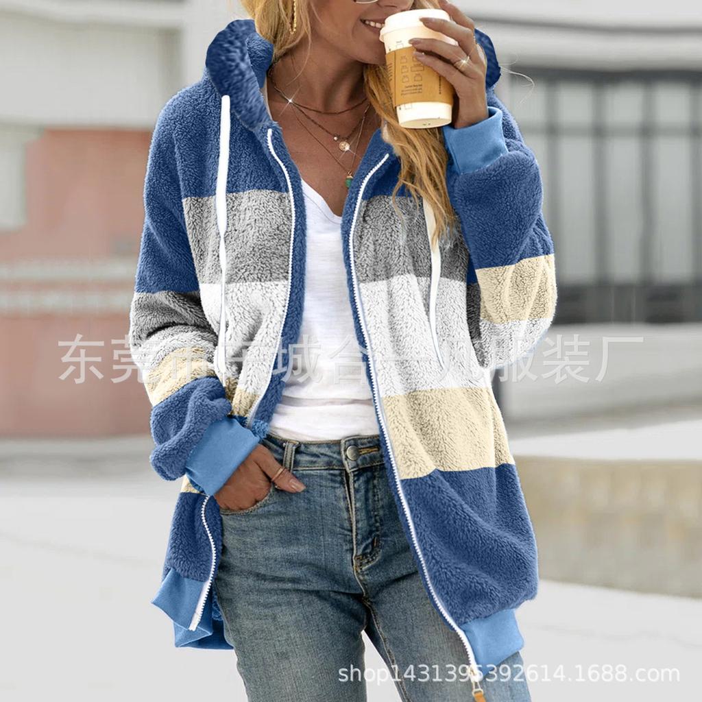 Women Color Block Fuzzy Fleece Hooded Jacket Full Zip Long Sleeve Plush Coat Casual Warm Outerwear S-5XL