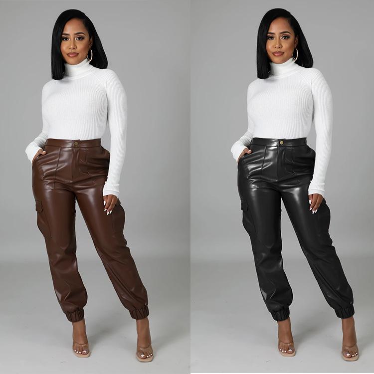 Autumn/Winter Slim-Fit PU Leather Brushed Long Pants with Multi-Pocket Detailing