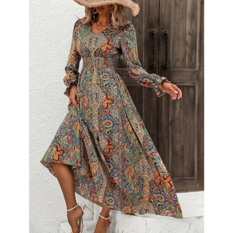 Podzimní dámské potištěné šaty s výstřihem do V a dlouhým rukávem s lemem