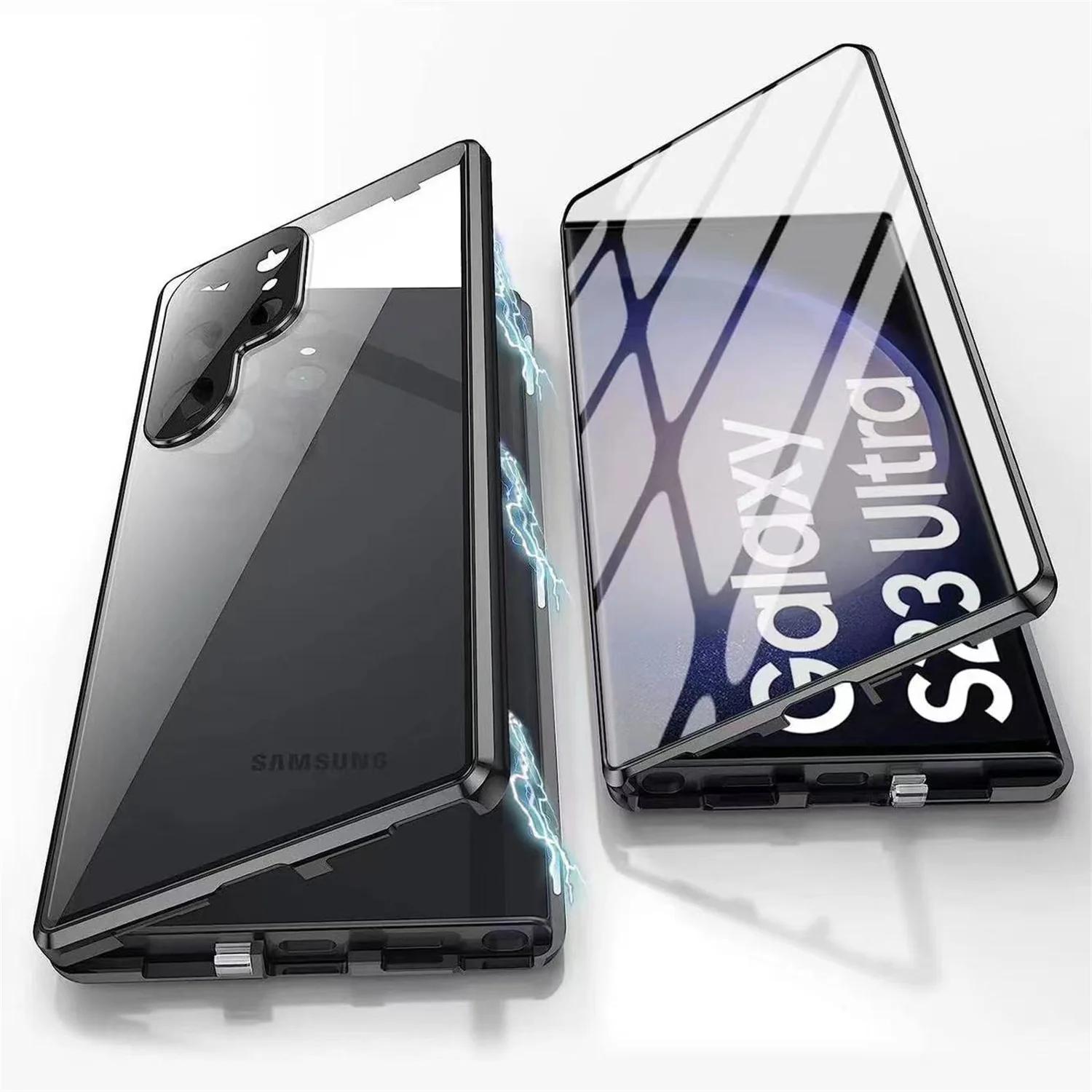 

Для Samsung Galaxy S24 S22 S23 S25 Ultra Чехол Роскошный Магнитный из Металлического Сплава 360° Полная Защита Экрана Чехол-Крышка из HD Стекла For Galaxy S25 чёрный