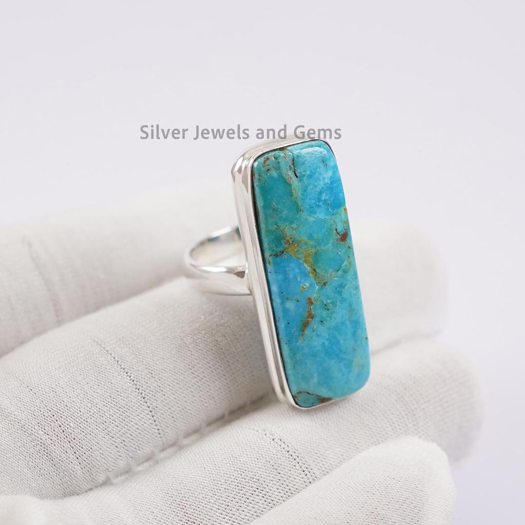 Natural Arizona Turquoise Long Ring, 925 Sterling Silver Ring, Rectangle Turquoise Ring, Handmade Ring, Gift for Women, Gemstone Ring