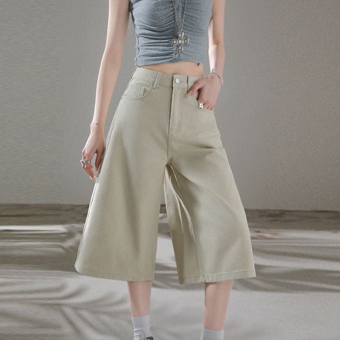 Vintage Washed Distressed Wide Leg Cropped Capri Denim Shorts For Women Straight Eight Points Pants  Versatile Slimming AllMatch Casual Bottoms
