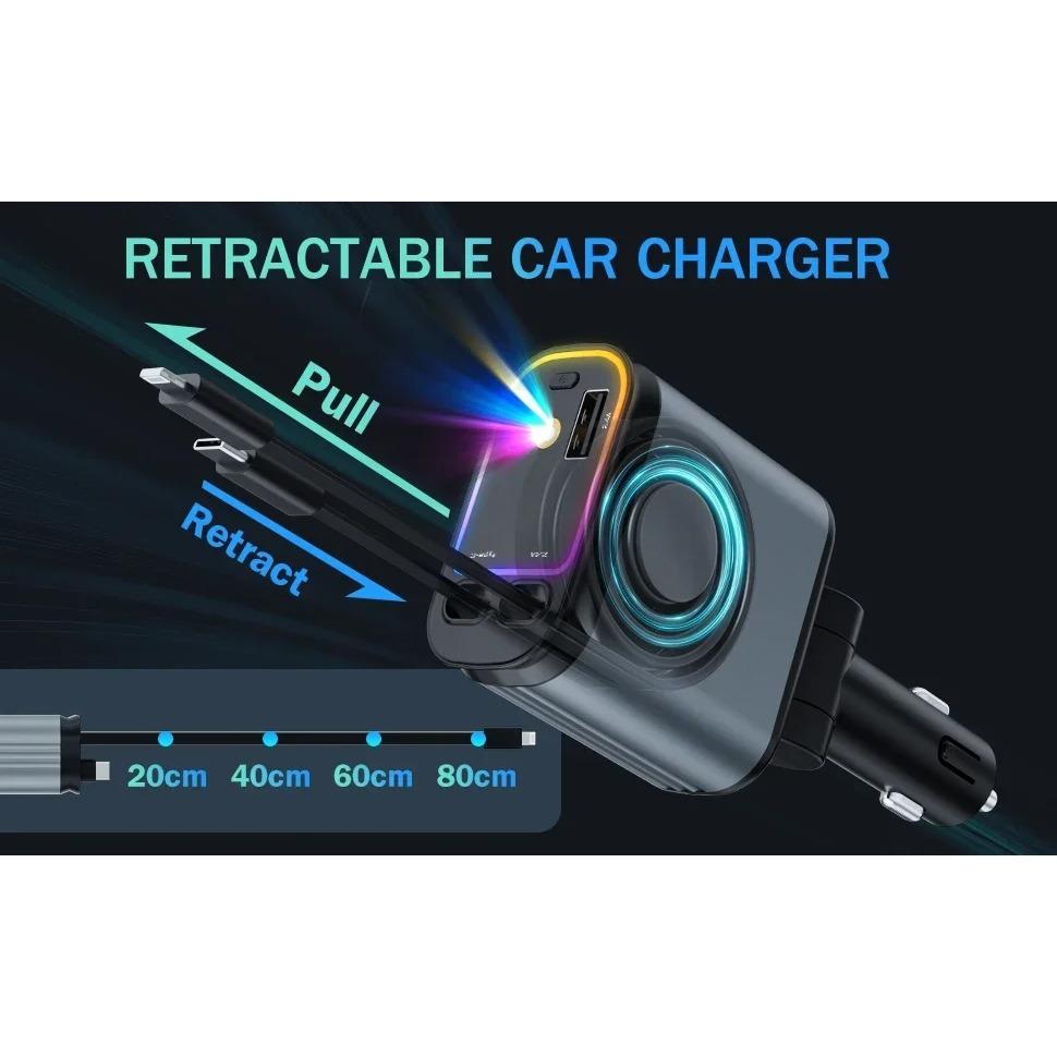 Încărcător Auto Rapid Retractabil 4 ÎN 1 120W PD QC 3.0 Încărcare Telefon pentru Lightning USB Tip C Adaptor Soclu Rotativ