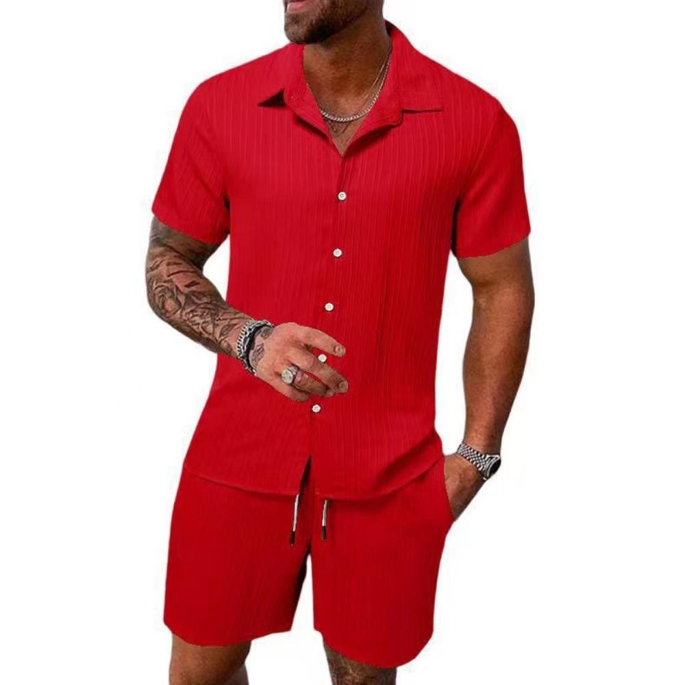 Summer Men's Solid Color Comfortable Casual Shirt Short Sleeved Beach Pants Set