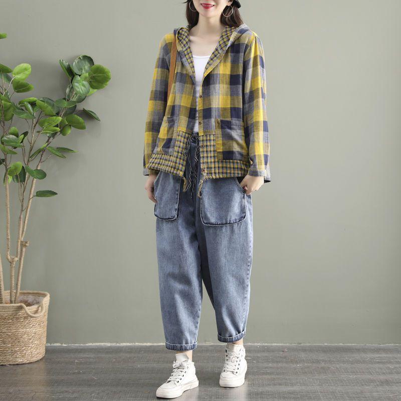 Artistic Retro Checkered Long Sleeved Shirt for Women Spring Autumn Drawstring Tied Casual Short Cardigan Jacket