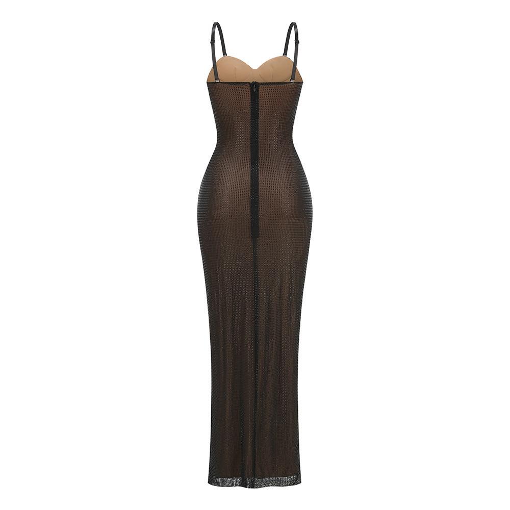 European and American Rhinestone Spaghetti Strap Mesh Evening Gown - Sexy Slim Fit Hip Hugger Skirt for Nightclub and Banquet Parties