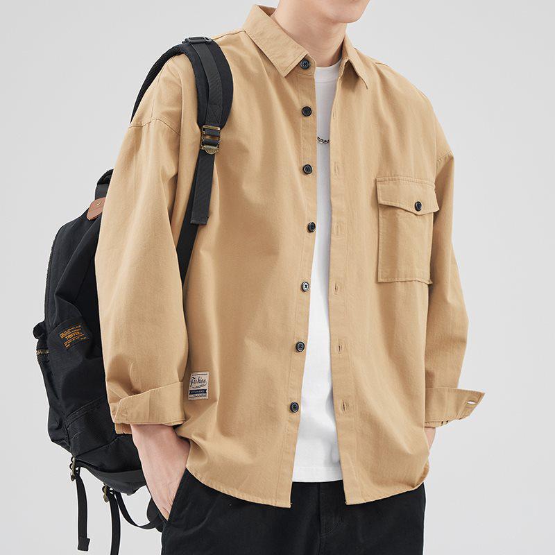 

Men s Autumn Casual Long Sleeve Workwear Shirt — Versatile Loose-Fit Solid Color with Pockets XL