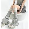 Scaldamuscoli in Rete Splicing Stile Giapponese Primavera Autunno Grigio Chiaro Lavorati a Maglia Copripiedi a Corno Colore Solido Calze Lunghe da Donna Ragazza