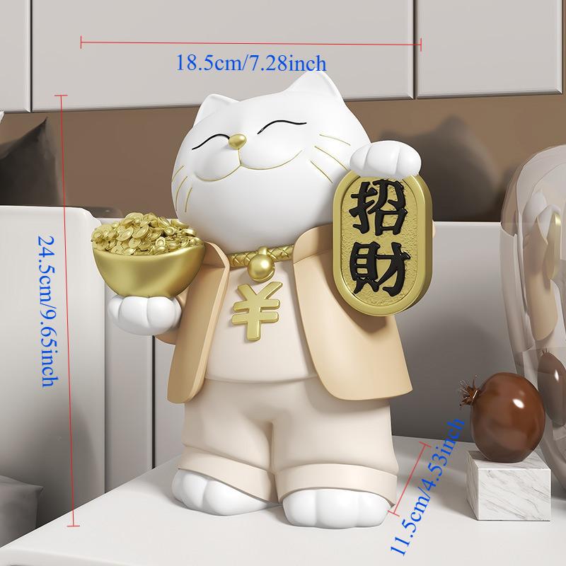 Maneki-neko Ornament for Living Room Home Decor with Ingot, Premium Housewarming Gift & Grand Opening Present for New Stores