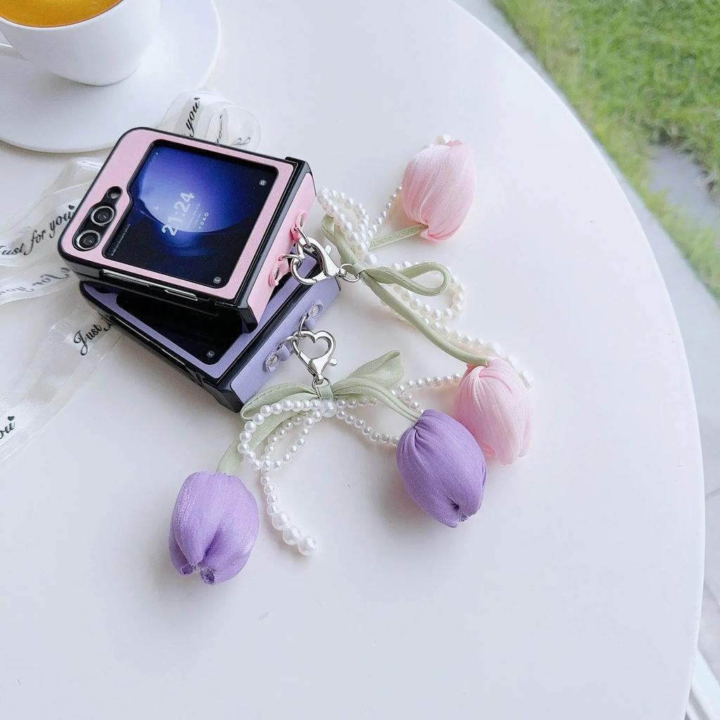 Perlen Schleife PU Leder Blume Handgelenkschlaufe Handyhülle für Samsung Galaxy Z Flip 6 5 4 3 5G Scharnierschutz Stoßfeste Hülle