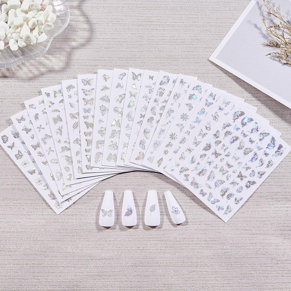 16pcs/set Laser Silver Butterfly Nail Art Sticker Butterfly 3D Hollow DIY Glitter Holographic Slider Nail Art Decal Decoration