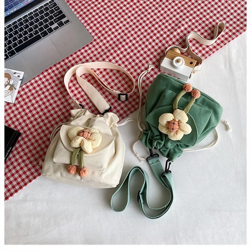 Cute Girl Crossbody Bag Casual Shoulder Bag Women Japanese Minimalist Drawstring Bucket Bag New Floral Design