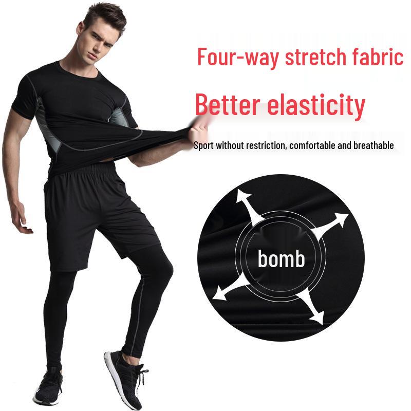 Men's Summer Quick-Dry Black Sports Training Shirt - Short Sleeve, Tight-Fitting, Round Neck for Football & Basketball Fitness.