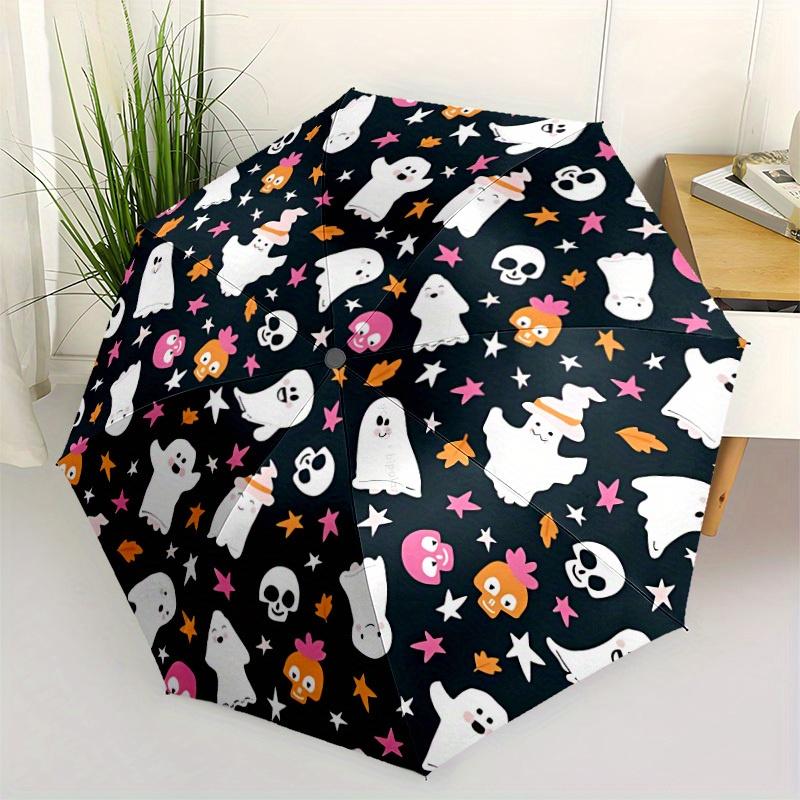 1pc Ghost Halloween Automatic Open/Close Umbrella with One-Touch Button, Compact Folding Canopy, Sturdy 8-Rib Windproof Design
