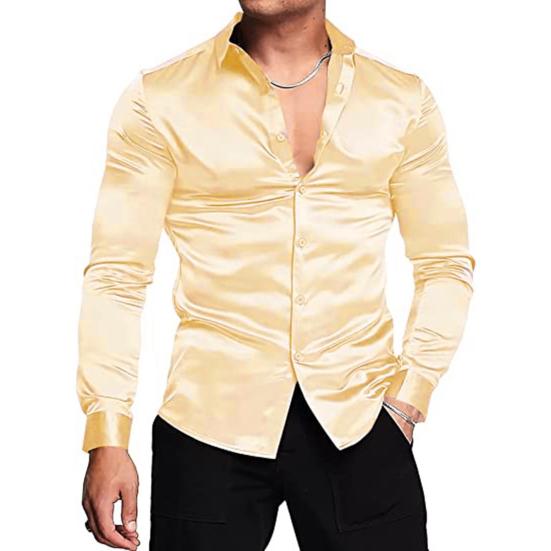 Herren-Hemd aus glänzender Seide wie Satin, langärmelig, lässig, Slim-Fit-Kleiderhemd, einfarbig, Revers-Button-Down-Hemden
