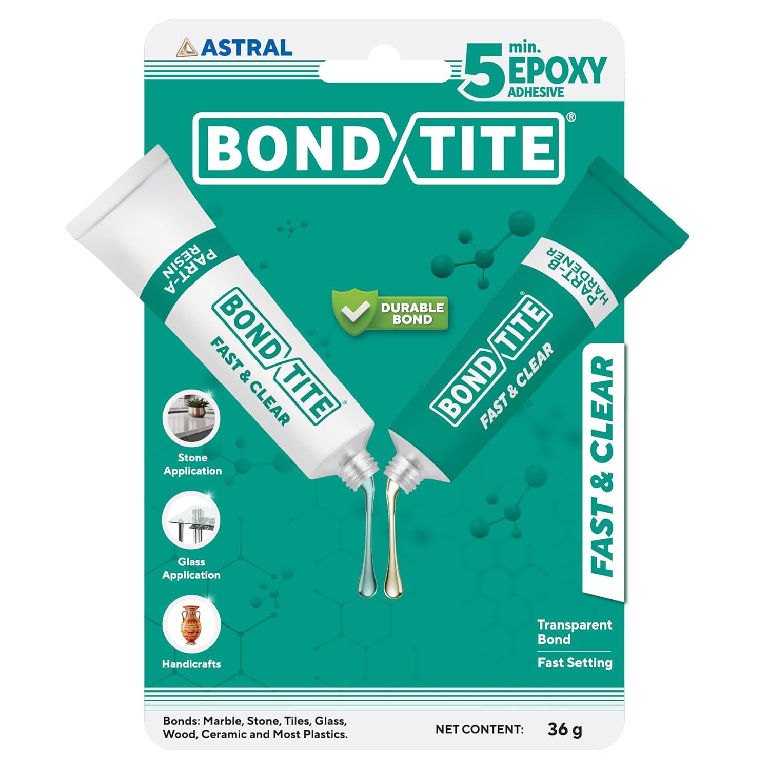 

Bondtite Fast & Clear Epoxy Adhesive 36g, 5-Min Quick Setting Transparent Glue for Glass, Marble, Tiles, Wood DIY Repairs