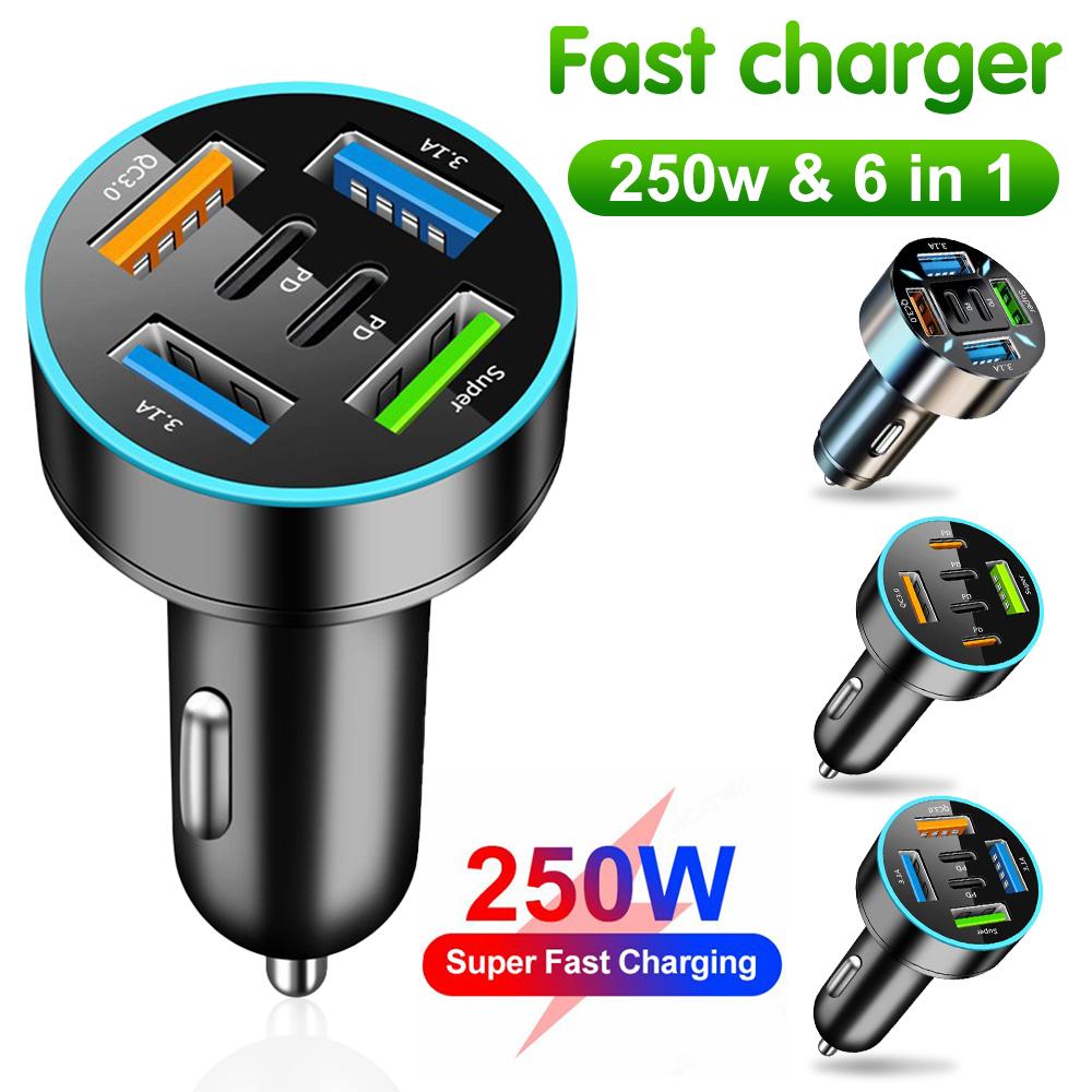 250W 5 Ports Car Charger Fast Charging PD QC3.0 USB C Car Phone Charger Adapter With Voltage For iPhone Samsung Huawei Xiaomi