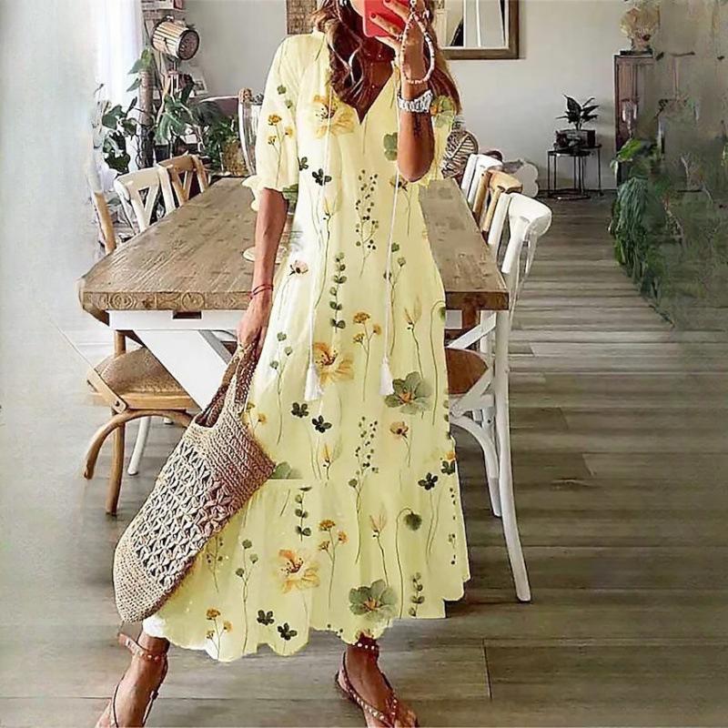 IHUASU Damen Casual Sweetheart Loose V-Ausschnitt Bedruckte Hosenträger Mittellange Ärmel Lange Kleider