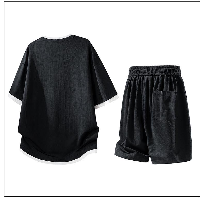 Trendy 2026 Men's Jacquard Sportswear Set: Faux Two-Piece T-Shirt & Shorts