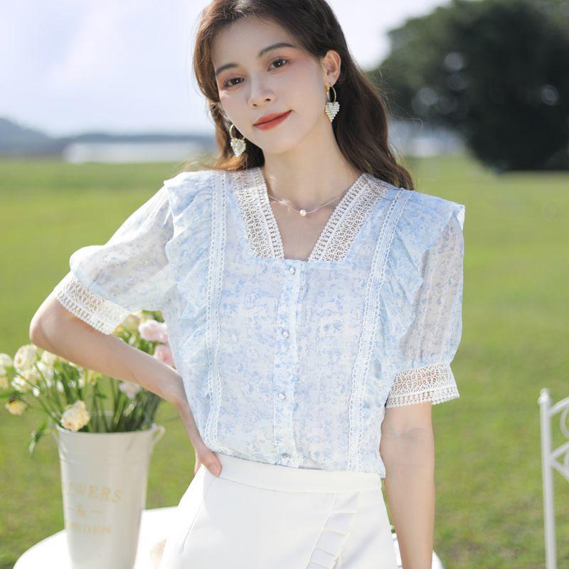 

Летняя женская блузка с французским V-образным вырезом, короткими рукавами и цветочным принтом из шифона - Элегантный и модный дизайн XS цветочный