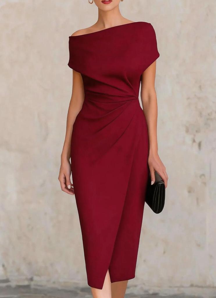 2026 European & American One-Shoulder Waist-Cinched Pleated Slit Evening Gown for Banquets & Commutes
