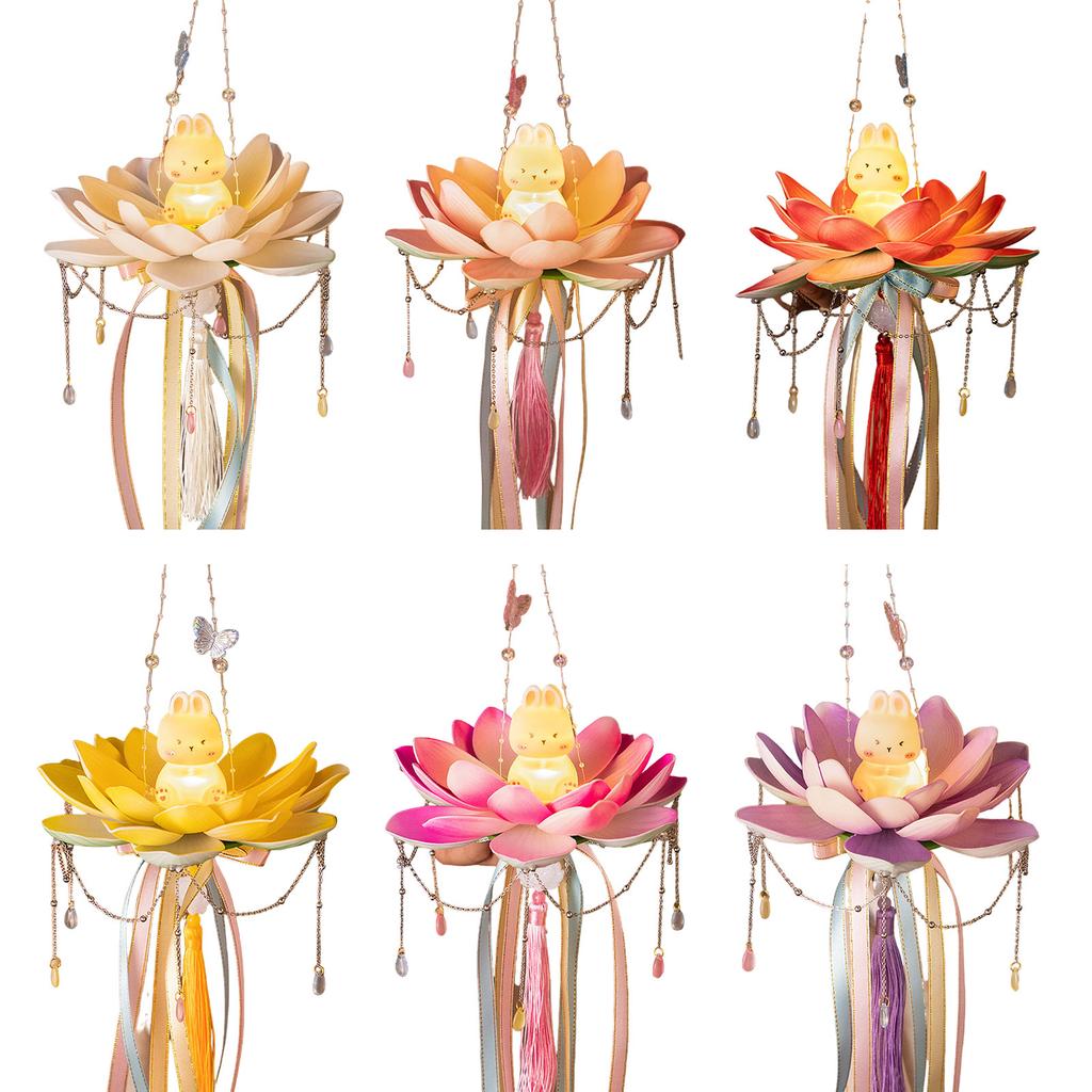 Elegant Festival Lotus Flower Lantern Functional Plastic Mid Autumn Lantern with Rabbits Easy to Use Candle Lights