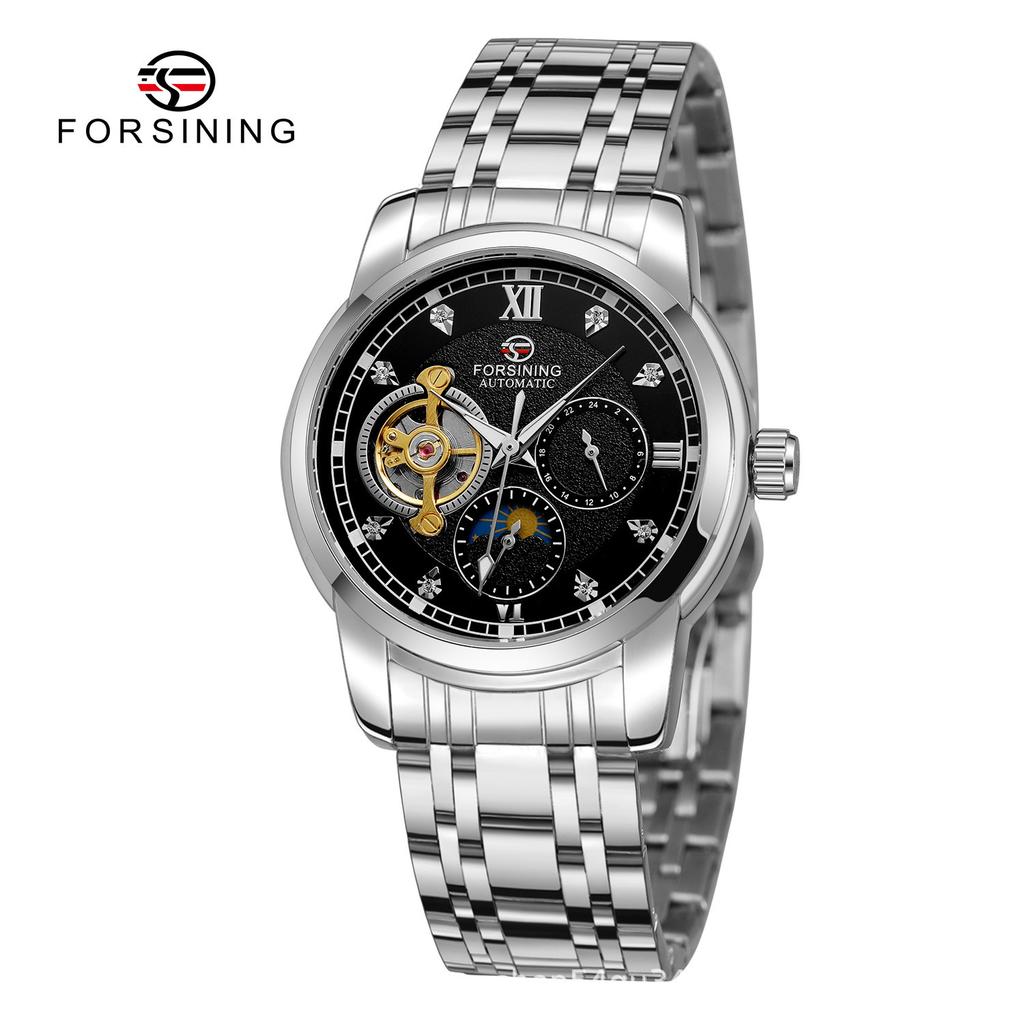 Forsining Men'S Tourbillon Automatic Mechanical Watch Hand Luminous Moon Phase Steel Belt Watch