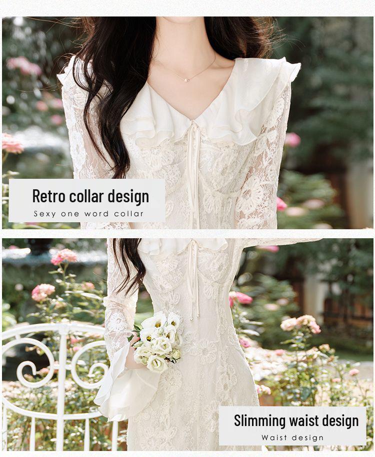 Women's V-Neck Lace Embroidered Mermaid Dress with Long Sleeves - French Gentle Style for Autumn