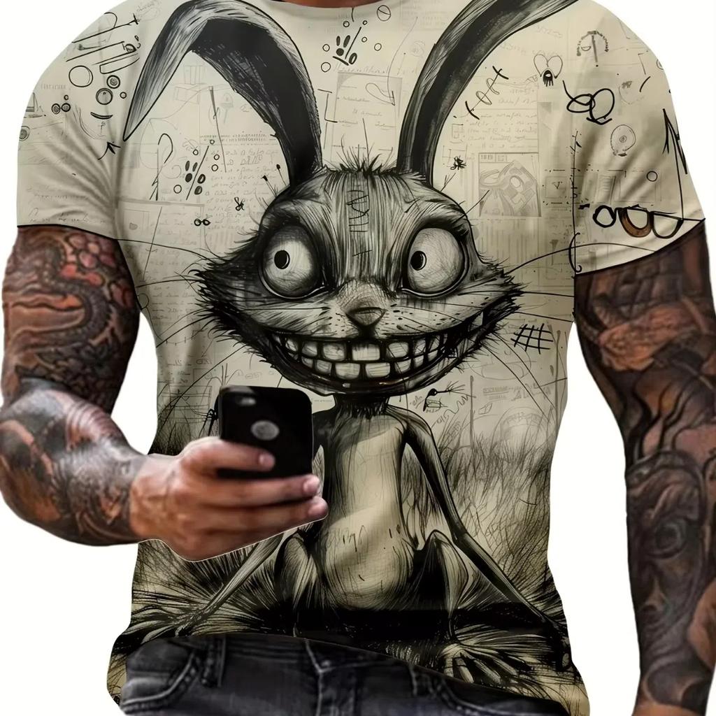 Men's Monster Graphic Print Short Sleeve Crew Neck Tee, Men's Clothing For Summer Soft Slight Stretch Polyester Blend Fabric