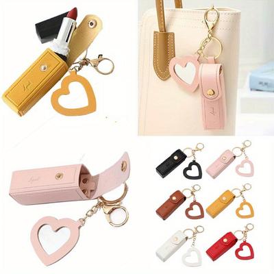 2pcs Portable Leather Lipstick Bag Makeup Pouch Lip Balm Bag Keychain Holder Lipsticks Protective Cover With Mirror