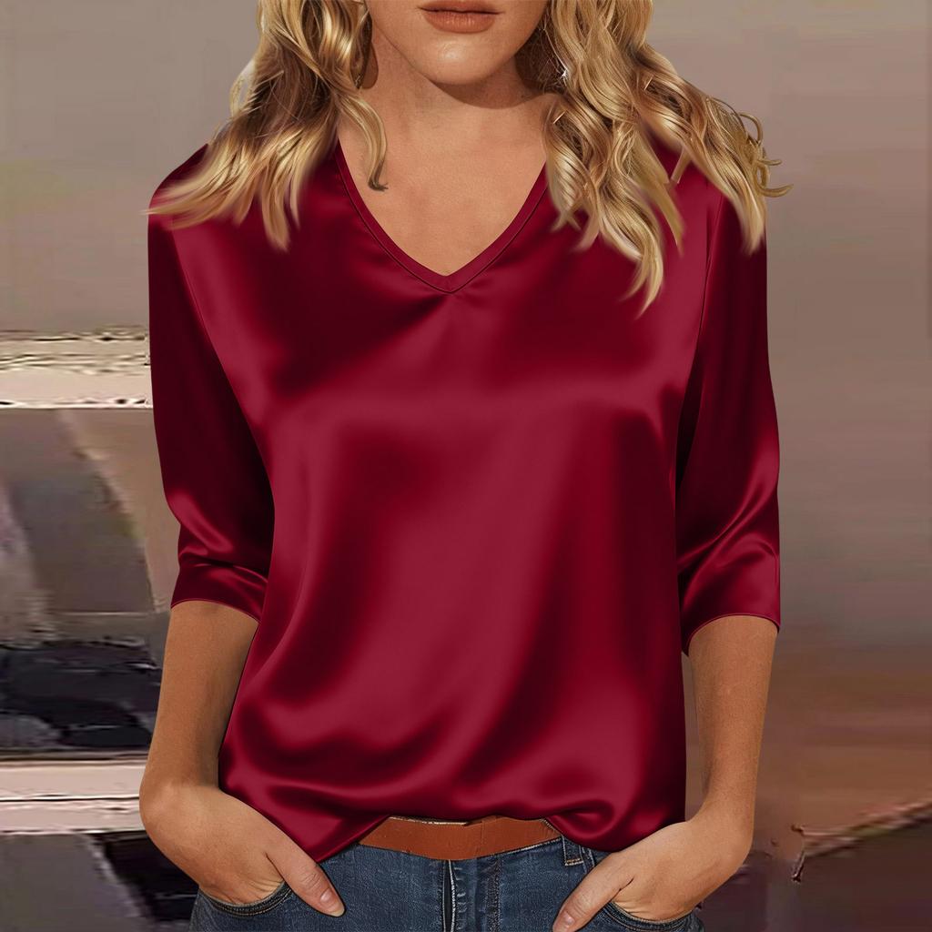 Women's V-neck Three-quarter Sleeve Satin Shirt Top, Lightweight For Spring And Summer