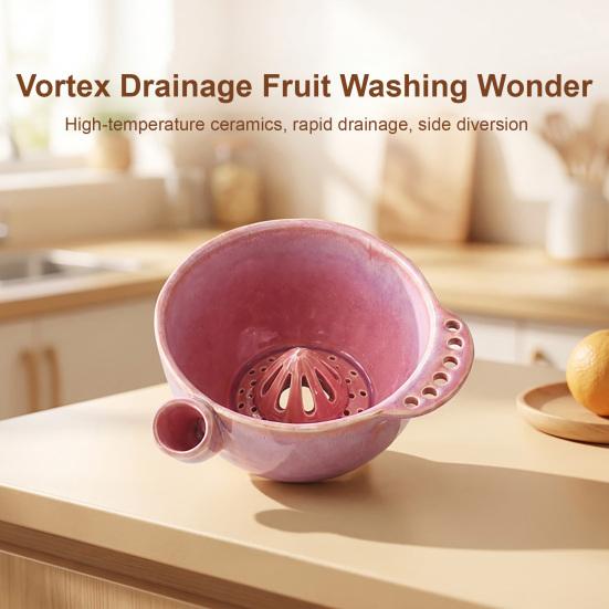 Handheld Citrus Squeezer Ceramic Berry Washing Bowl with Detachable Juicing Cone & Drain Rack, Self Rinsing Fruit Multi-functional Kitchen Gadget