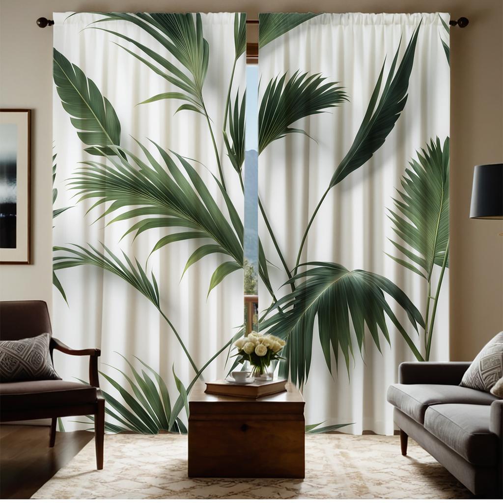 2pc Green plant print pattern curtains   polyester fabric   machine washable   suitable for living room and bedroom decoration