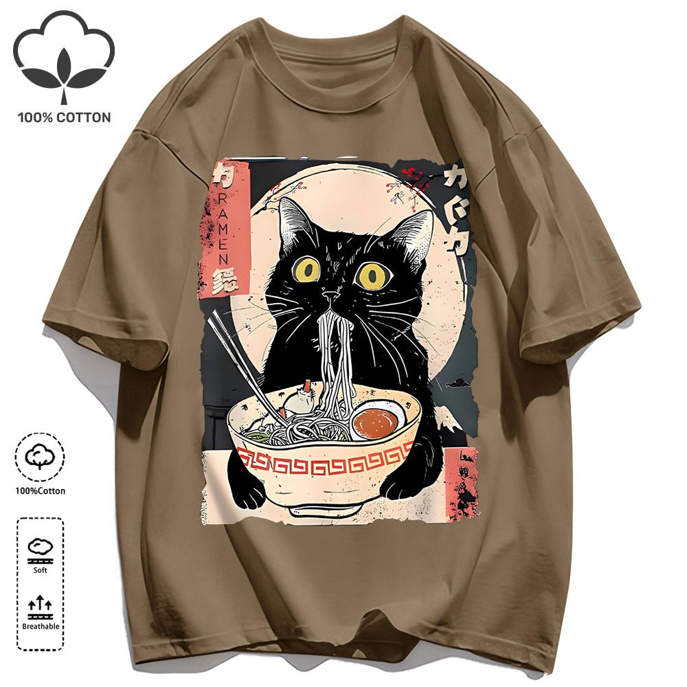 Cat Likes To Eat Noodles And Daydream Design Unisex Retro T-Shirt Casual Cotton Sportwear Loose Hip Hop Clothing Unisex O-Neck Tee