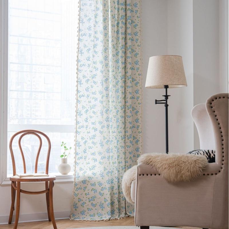 American Style Cotton Linen Curtain Finished Blue Flower Fringe Window Bedroom Valance Semi-blackout Decorative Curtains