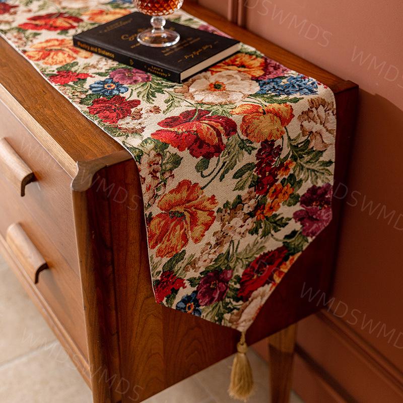 French High-End Fabric Tassel Table Runner for Living Room or Dining Room