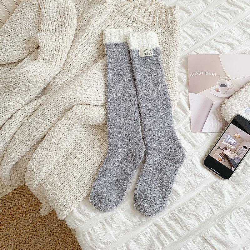 Coral fleece calf socks women's winter thickened thermal floor socks bear cloth label striped stockings sleep socks