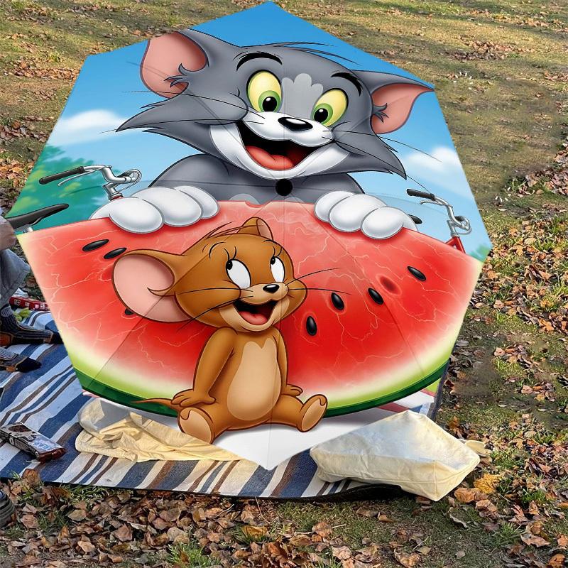 1pc Tom and Jerry Watermelon Automatic Open/Close Umbrella Compact Folding Umbrella with 8-Rib Shaft Lightweight Esign, for Women/Men1165A