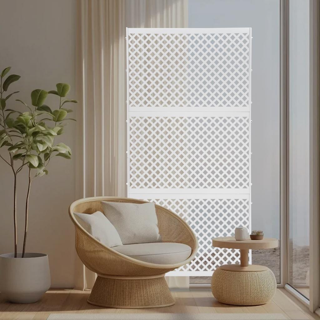 Elegant White Steel Privacy Screen with Diamond Pattern, Freestanding Room Divider - 3 Panels, Laser-Cut Design, 74.8in Height