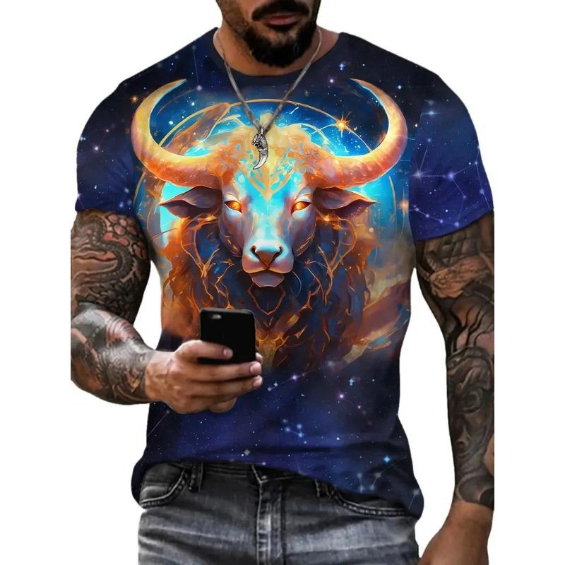 Summer Round Neck 3D Funny Bull Graphic Print Top Fashionable Casual Short Sleeved Men's T-shirts