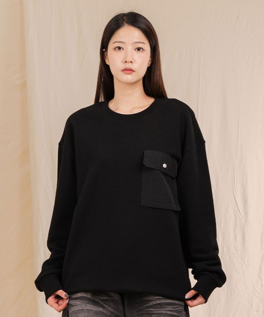 Ellamo Terry Basic Plain Square Pocket Oversized Sweatshirt [Black]