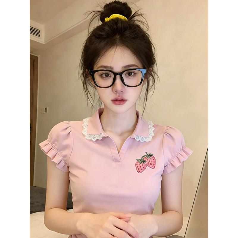 American retro polo collar strawberry embroidered short-sleeved T-shirt for women, new lace lace splicing pink top