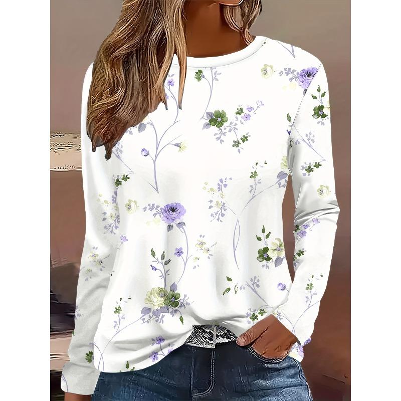 Round Neck 3D Flower Pattern Top Casual Long Sleeved Women's T-shirts - Soft Medium Stretch Polyester Fabric Spring and Autumn Relaxed Fit Clothing