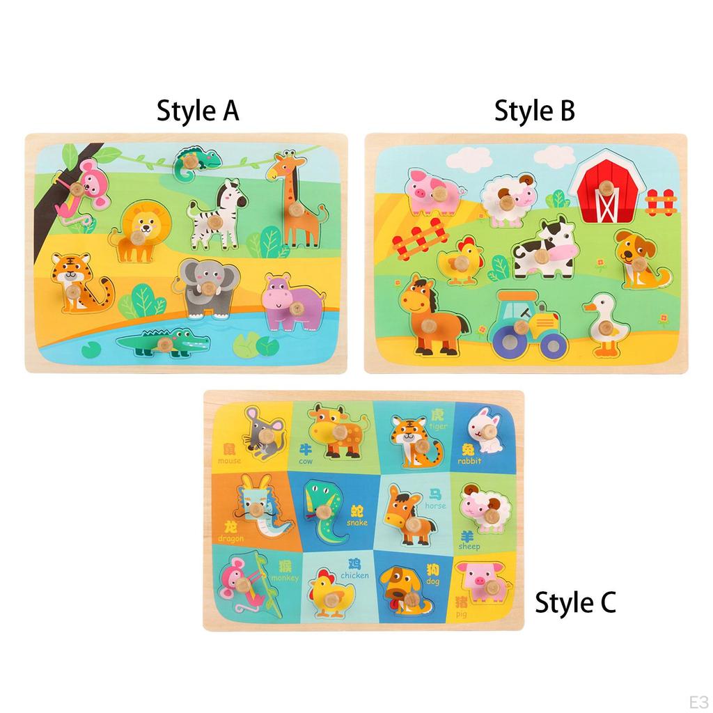 Wooden Peg Puzzle Educational Learning Puzzles Set Wood 3D Animal for 2 3 4 5 Years