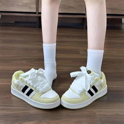 Pastellgelbe Damen-Sneaker – Retro-Streifen Freizeitschuhe mit dicker Sohle für den täglichen Gebrauch und Streetstyle