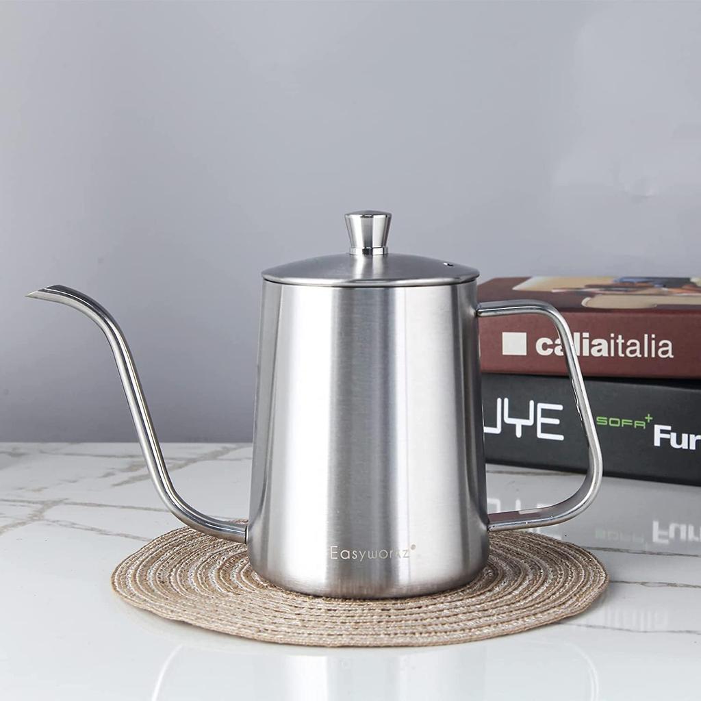 Easyworkz Gooseneck Kettle 600ml with Thermometer Stainless Steel Coffee Pot Hand Drip [Silver]